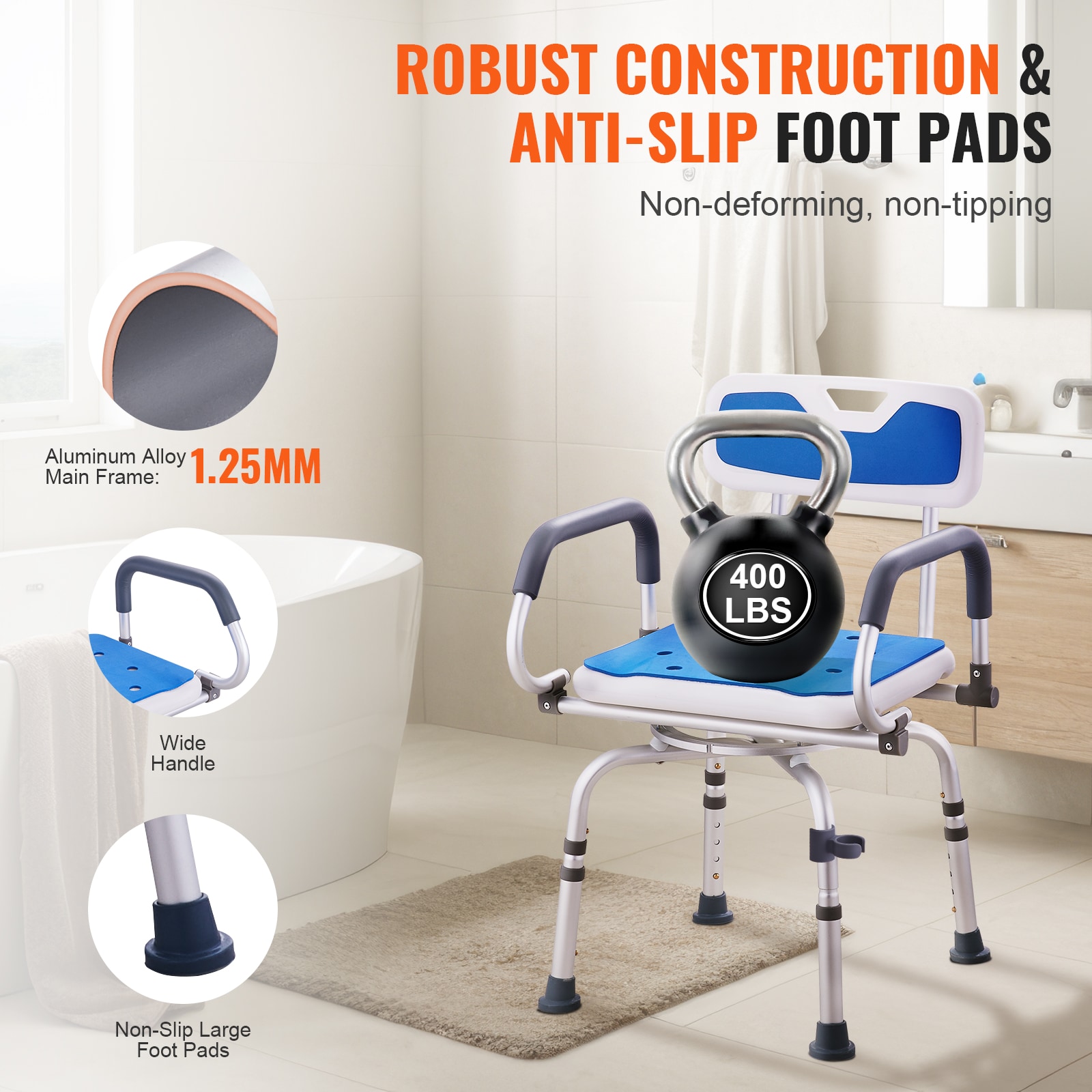 Swivel Shower Chair With Rotating Seat And Pivoting Armrests_voghion.com